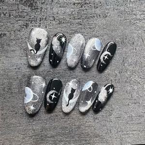 TEMU 10개 세트 은색-검은색 개인 맞춤 고양이 눈 짧은 타원형 수제 프레스온 별이 빛나는 하늘 고양이 테마 네일 팁, 완전 수제 제작, 별이 빛나는 하늘 디자인, 여성 및 네일 아트 용품, 풀 커버 인조 네일