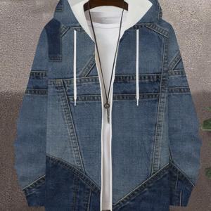 TEMU 남성용 패션 이미테이션 데님 패치워크 후드 집업 스웨트셔츠 캐주얼 루즈핏 트렌디 자켓 봄 가을 청춘 상의 [프린팅 디자인-무질감][청바지 아님]