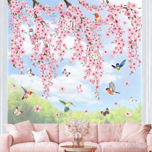 TEMU 6장 벚꽃 꽃창문 스티커 봄 창문 데칼 핑크 꽃 새 나비 재사용 가능 스티커 장식 여름 파티 홈 오피스용