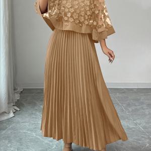 TEMU 여성용 우아한 3D 플로럴 자수 드레스 - 라운드넥 & 반팔, 기계세탁 가능한 파티/웨딩 게스트 드레스, 가을/겨울용 솔리드 컬러 논스트레치 포멀 가운