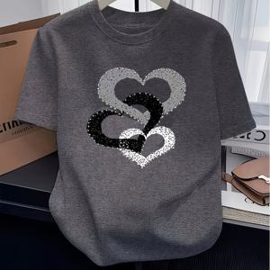 TEMU 여성용 부드럽고 통기성 좋은 폴리에스터 티셔츠 - 하트 프린트가 있는 반팔 라운드넥 캐주얼 블ouses 상의, 봄/여름용, 기계 세탁 가능, 캐주얼 복장, 사무실 & 레이어링용 비셔츠