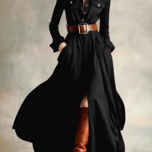 TEMU 우아한 캐주얼 여성용 단색 롱 드레스 (라펠 및 포켓 포함), 긴소매 작은 집게 드레스 (벨트 없음)