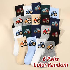 TEMU 6켤레 랜덤 색상 만화 트랙터 패턴 아동 양말 | 귀여운 남아용 양말, 니트 원단, 데일리룩에 적합