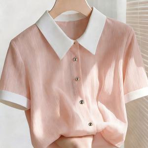 TEMU 화이트 칼라가 있는 우아한 핑크 시폰 블라우스 & 반소매 앞단추 셔츠, 여름, 사무실, 교사, 출퇴근, 카니발에 적합한 루즈핏 반투명 셔츠 - 전문가용 복장을 위한 기계 세탁 가능 시폰 셔츠