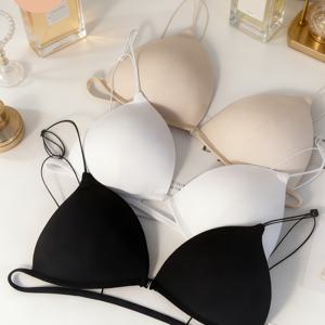 TEMU [정해진 방향으로 달리기] 3pcs 세트 백-베어링 프론트 버튼 브라, 여성용 프렌치 언더와이어-프리 작은 가슴 삼각 컵 얇은 심리스 좁은 밴드 브라 고정 어깨 스트랩, 삼각 컵 올 시즌 착용, 여름 언더와이어-프리 브라, 데일리 웨어