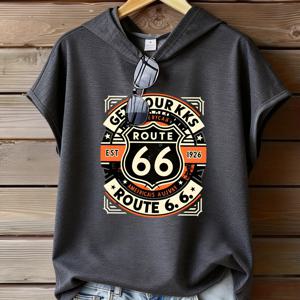 TEMU 패셔너블한 상의 1개, 아름다운 여성 허리 집어넣는 배트윙 소매 반팔 클래식 Route 66 로드 사인 프린트, 레트로 스타일 디자인 프린트 후드 스웨트셔츠, 루즈 캐주얼 반팔, 봄/여름 슬림 가벼운 통기성 원단