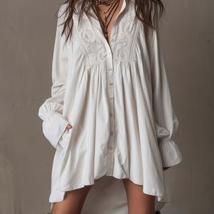 TEMU 2026 봄/가을 루즈핏 우아한 솔리드 컬러 버튼 탄성 커프 레이스 트림 화이트 셔츠 ZLLZ