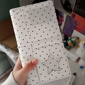 TEMU 한국 스타일 데님 별 윈도우 폴카 도트 A6 루즈리프 노트북 - 타이 스트랩 포함, 교체 가능한 내부 리필 노트북, 사진용 멀티 카드 슬롯, 대용량 스냅 잠금 보호, 핸드메이드 귀엽고 달콤한 휴대용 노트북 및 플래너, 분위기 있는 고급스러운 외관, 노트북, 플래너, 저널, 스케줄북