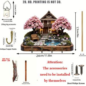 TEMU 2Dflat, 일본 벚꽃 정원 물 흐름 키걸 나무 다기능 홈 키 랙, 금속 후크 4개 포함, 벽 장식, 현관 장식, 방 장식, 빌라 장식