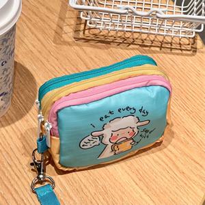 TEMU 양면 양모 3단 수납 가방, 칸막이 디자인, 넥스트랩 포함, 캔디 컬러, 이어폰, 립스틱, 카드, 동전 및 잡다한 물품 보관 및 플래너 자료 정리용, 휴대용 동전 지갑