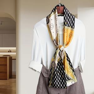 TEMU 여성용 새틴 리본 롱 스카프, 노란색 하운드투스 패턴 스몰 스카프, 넥 스카프