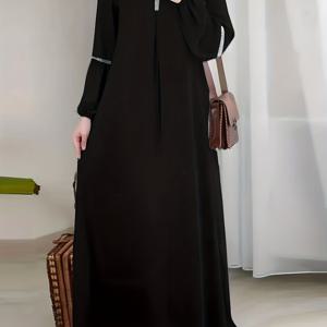 TEMU 무슬림 중동 스타일 여성용 아랍 스팽글 패치워크 우아한 라운드넥 긴팔 아바야