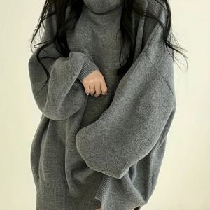 TEMU 고급스러운 하이 칼라와 분리된 밑단의 한국 스타일 솔리드 컬러 루즈 롱 스웨터, 부드럽고 푹신한 퍼프 소매