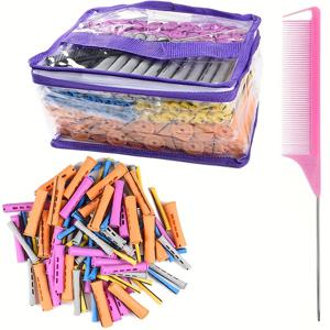 TEMU 100개 천연 헤어 퍼밍 로드 세트 5가지 사이즈 콜드 웨이브 로드 여성용 헤어 컬러 미디엄 및 롱 헤어 컬러 스타일링 미용 도구 (오렌지 20개 + 보라색 20개 + 회색 20개 + 파란색 20개 + 노란색 20개)