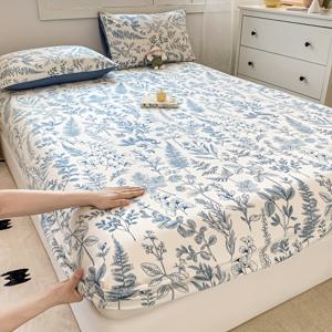 TEMU 2/3개 프레쉬 프린트 침대 고정 시트 3종 세트, 매트리스 보호 커버, 올인클루시브 미끄럼 방지 침대 커버 사계절용, 고정 시트 1개 + 베갯잇 1/2개, 무드몽구에 적합, 편안하고 부드러움