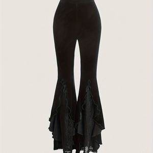 TEMU 스플라이드 레이스 러플 트림 벨벳 플레어 트라우저