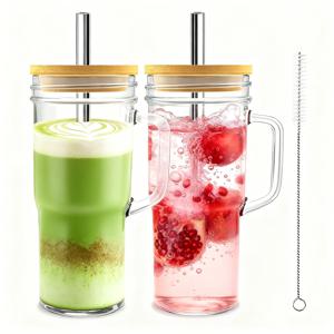 TEMU 뚜껑과 빨대가 있는 유리 텀블러 1개, 2개 또는 4개 세트입니다. 각 용량은 24Oz/700ml입니다. 이 메이슨 자는 손잡이가 달려 있어 스무디, 아이스 커피, 주스와 같은 다양한 음료에 적합하며 파티, 바에 이상적입니다.