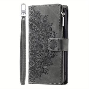 TEMU 삼성 갤럭시 S25 S24 S23 S22 FE 플러스 울트라 핸드백용 월렛 플립 폰 케이스, 엠보싱 꽃무늬 PU 가죽 지퍼 카드 슬롯 및 손목 스트랩 커버