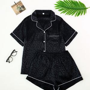 TEMU 여성용 파자마 반팔 숏츠 가디건 터너오버 칼라 프린트 캐주얼 심플 홈웨어 세트