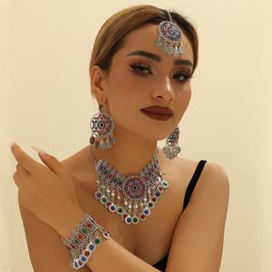 TEMU 고급스러운 레트로 스타일 비즈 목걸이 귀걸이 팔찌 이마 스타일 여성 콤비네이션 세트, 여성 결혼식 파티 사진 촬영용 액세서리