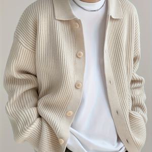 TEMU 남성용 캐주얼 니트 가디건 - 단색, 라펠 칼라 버튼업, 가을/겨울용 루즈핏