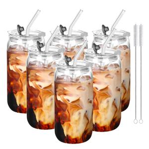 TEMU 뚜껑과 빨대가 있는 2/4/6개 유리컵 세트, 음료용 컵, 아이스커피 용기와 뚜껑 및 빨대 커버, 16온스 유리 텀블러와 빨대 및 뚜껑