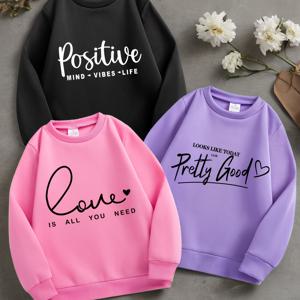 TEMU 3pcs 레터 프린트 스웨트셔츠 세트, 라운드넥 캐주얼 운동복 상의 (겨울, 가을용), 여아 후드티