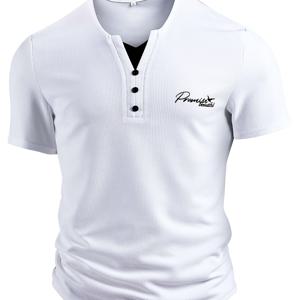 TEMU 남성용 텍스처 와플 블랙 앤 화이트 컬러 블록 반팔 헨리 셔츠, 작은 V넥 및 왼쪽 가슴에 레터 프린트, 패션 및 아웃도어 스포츠에 적합