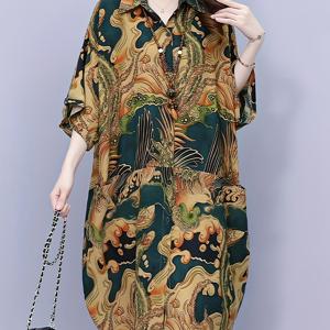 TEMU 여성 캐주얼 폴리에스테르 무릎길이 드레스, 여름 라글란 소매 루즈핏 포켓 디테일, 폴로 칼라가 있는 짜임 반팔 셔츠 드레스, 프린트된 랜턴 모양 디자인