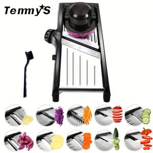 TEMU TEMMYS 조절 가능한 스테인리스 블레이드 수동 채소 절단기 및 커터 - 과일, 감자, 토마토용 멀티 기능 주레니 슬라이서, 청소 브러쉬 포함, 블랙, 요리 필수품