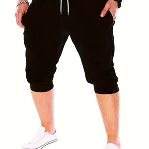 TEMU 남성용 플러스 사이즈 3/4 길이 카프리 팬츠 - 탄력 있는 드로스트링 허리밴드, 와이드 짐 무릎 길이 운동 바지, 체육관 및 캐주얼 웨어에 적합 - 편안한 애슬레틱 쇼츠에서 팬츠로 전환 가능, 플러스 사이즈