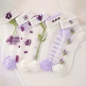 TEMU 보라색 꽃무늬 여성용 양말 5켤레 팩
