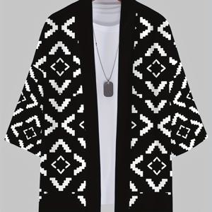 TEMU 프린트가 있는 남성용 캐주얼 기모노 스타일의 루즈핏 가디건. 민족 의상으로 여름 휴가 사진 촬영에 완벽합니다.