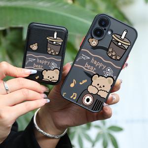 TEMU 폰 케이스: 2개 1세트 & 패셔너블 럭셔리 올인원 충격방지 카툰 베어 패턴 아이폰 15 14 13 12 11 프로 맥스 7 8 플러스 자석 흡착 폰 케이스 & 1-2개의 신용카드 또는 은행카드 호환 KJ1 고품질 가죽 자석 카드 클립