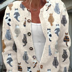 TEMU 여성용 라운드넥 카디건, 캐주얼 긴팔 스웨터