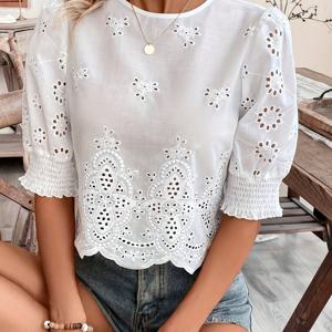 TEMU 여성용 우아한 꽃 자수 블라우스 - 가벼운 레이스 트림 반팔 탑, 봄/여름 캐주얼 및 정장용 통기성 솔리드 컬러 셔츠, 스프링 패션 탑 | 플로랄 자수 | 레이스 트림 디테일, 여성용 블라우스, 크롭탑, 여성용 티셔츠, 여성용 긴팔 티셔츠, 여성용 블라우스와 탑, 오버사이즈 티셔츠 여성용, 여성 의류