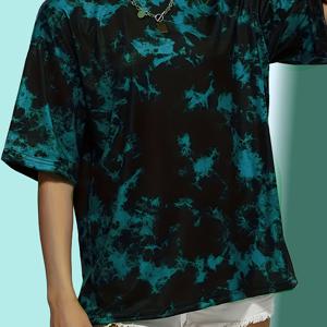 TEMU 여성용 홀치기 염색 티셔츠, 다크 블루, 캐주얼 라운드넥, 반팔, 드롭 숄더, 신축성 좋은 원단, 세탁기 사용 가능, 사계절 내내 편안한 오버사이즈