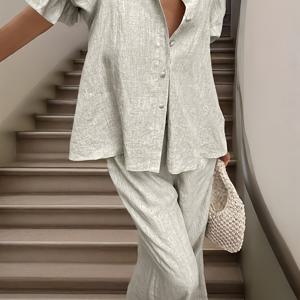 TEMU 여성 2피스 세트 우아한 출퇴근복 베이지색 숏 퍼프 소매 버튼 탑 & 단색 바지, 가을