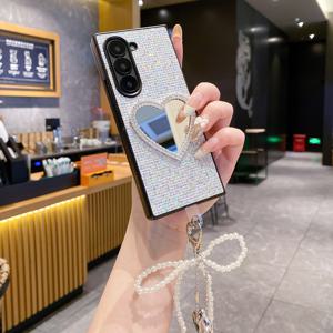 TEMU 패션 고급 컬러 시퀸드 진주 리본 러브 미러 귀여운 메이크업 미러 삼성 갤럭시 Z 폴드3/4/5/6에 적합한 내구성 있는 하드 PC 폰 케이스