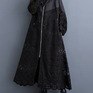 TEMU 일본식 디렉셔널 레이스 컷아웃 후드 트렌치 코트, 패치워크 디자인, 롱 랜턴 슬리브, 패셔너블 아우터웨어