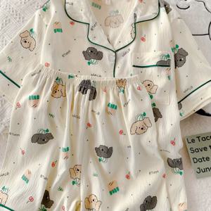 TEMU 여성용 강아지 체리 프린트 레터링 반팔 라운지웨어 세트, 아시아 사이즈, 폴리에스터 슬림핏 상의와 반바지, 여름용 부드럽고 편안한 수면복