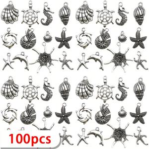 TEMU 50/100개 여름 해변 매력 컬렉션 - 목걸이 팔찌 제작용 대량 메탈 해양 동물 펜던트 (해마, , 게, 조개 & 거북 디자인), 해양 장식 소품, 해변 주얼리, 해양 매력 디자인
