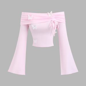 TEMU 여성을 위한 스타일리시한 오프숄더 긴팔 탑. 나비 장식이 특징이며, 캐주얼한 일상복으로 완벽합니다. 우아하고 패셔너블하며 다용도로 사용 가능하여 출퇴근 및 일상생활에 적합하며, 신학기 시즌에 이상적입니다. 이 핏은 편안하고 매력적입니다.