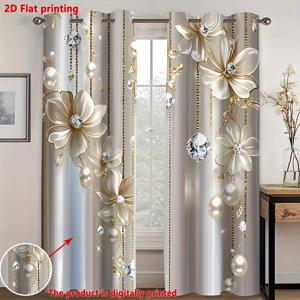 TEMU 2D 플랫, 2개 세트, 골드 & 실버 꽃과 진주 풍경 프린팅 커튼, 펀칭 설치 방식, 디지털 프린팅 소프트 폴리에스터 원단, 거실/부엌/침실/사무실/호텔/레스토랑 홈 데코레이션용, 2D 플랫