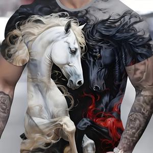 TEMU 남성용 세련된 3D 말 프린트 티셔츠 - 반팔, 크루 넥, 캐주얼 여름 상의, 집 및 야외용, 블랙 앤 화이트 디자인, 동적 블랙 말과 화이트 말, 편안한 핏 티 | 현대 캐주얼 스타일 | 부드러운 텍스처 재질