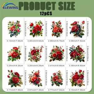 TEMU 야생 장미 DIY 다리미 붙이는 DTF 전사지 12개/세트 세탁 가능한 열전사 디자인 바로 다림질 가능한 데칼 플라스티솔 패치 DIY 의류 티셔츠 마스크 청바지 백팩용