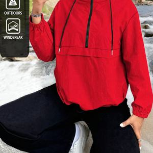 TEMU 패션 캐주얼 플러스 사이즈 여성 루즈핏 후드 드로스트링 집업 스웨트셔츠, 봄 여름 신상 스타일, 하프 오픈 지퍼 디테일, 단색, 데일리 홈웨어, 출퇴근, 편안하고 다재다능한 여성 플러스 사이즈 캐주얼 봄 여름 의류