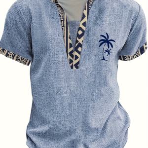 TEMU [Shule Water OBM]의 남성용 스타일리시 프린트 헨리넥 티셔츠는 패셔너블한 캐주얼 에스닉 트라이벌 토템 디자인과 야자수 패턴으로 구성되어 있으며, 야외 활동에 적합합니다. 스탠드업 칼라와 반팔 디자인으로, 일상적인 직장복으로 이상적입니다.