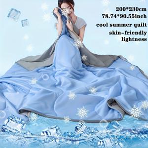 TEMU 1개 초소프트 쿨링 여름 담요 - 라이트 블루 & 그레이 퀼트 디자인, 통기성 폴리에스터 섬유, 세탁 가능, 침대나 소파용, 모던 스타일