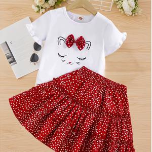 TEMU 2개 세트 여아용 여름 신상 동물 캐릭터 프린트 리본 레이스 반팔 상의 + 도트 무늬 하프 스커트 퍼프 케이크 드레스, 키즈 짧은 스커트